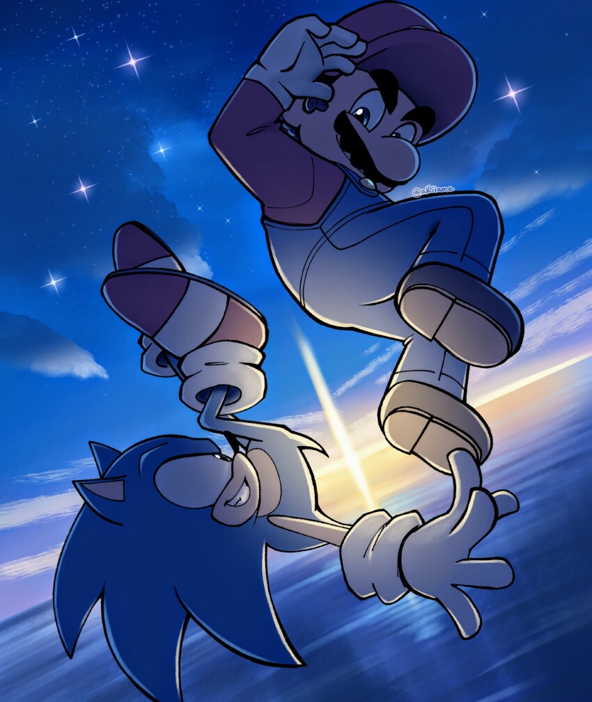 2boys akiiame blue_overalls brown_shoes commentary english_commentary gloves hedgehog_boy highres mario mario_(series) multiple_boys nintendo overalls red_shirt shirt shoes sonic_(series) sonic_the_hedgehog star_(sky) white_gloves