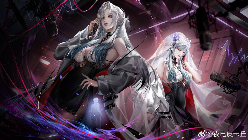 1boy 2girls black_choker black_dress black_nails blazer bra breasts cable cardiogram cellphone character_request chief_(path_to_nowhere) choker cleavage closed_eyes closed_mouth coat coat_bow coat_partially_removed cowboy_shot cross-laced_clothes cross-laced_dress dress dress_pants expressionless eyelashes flower formal_clothes from_behind grey_hair hair_flower hair_ornament hand_on_own_hip highres holding holding_phone indoors iris_(flower) jacket lace lace-trimmed_dress lace_trim large_breasts light_particles lipstick long_hair long_sidelocks makeup male_chief_(path_to_nowhere) microphone mini_person miniboy mole mole_under_eye multiple_girls nail_polish one_side_up orange_eyes parted_lips path_to_nowhere petals phone pink_lips purple_flower red_coat see-through_clothes see-through_veil short_dress short_hair side_slit sidelocks size_difference smartphone studio suit talking_on_phone two-sided_coat two-sided_fabric underwear veil very_long_hair watermark weibo_watermark white_bra white_coat white_veil window ye_dian_pikaqiu