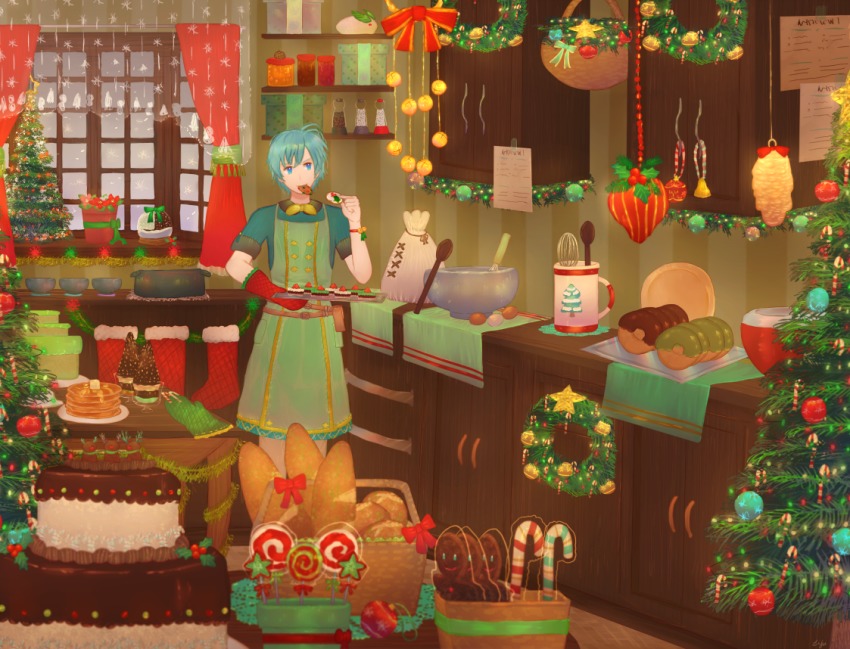 1boy bread candy candy_cane christmas_ornaments christmas_stocking donut ephraim_(fire_emblem) fire_emblem fire_emblem:_the_sacred_stones food gingerbread_man lijupy male_focus nintendo socks solo