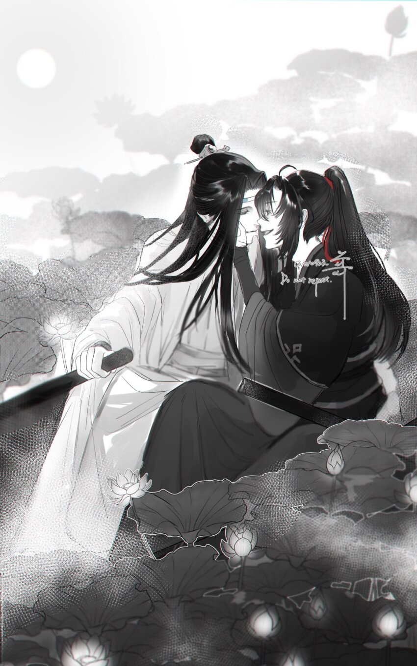 1010923 2boys ahoge bishounen black_hair black_hanfu boat bud chinese_clothes closed_eyes closed_mouth cloud couple eye_contact face-to-face flower greyscale hair_ribbon hands_on_own_face hanfu headband high_ponytail highres holding holding_oar imminent_kiss lan_wangji leaf long_hair long_sleeves looking_at_another lotus lotus_leaf male_focus modao_zushi monochrome multiple_boys oar on_boat open_mouth outdoors ponytail profile red_ribbon ribbon robe sidelocks sitting sky smile spot_color sun topknot twitter_username water watercraft watermark wei_wuxian white_hanfu white_headband wide_sleeves xiao_guan_(headdress) yaoi
