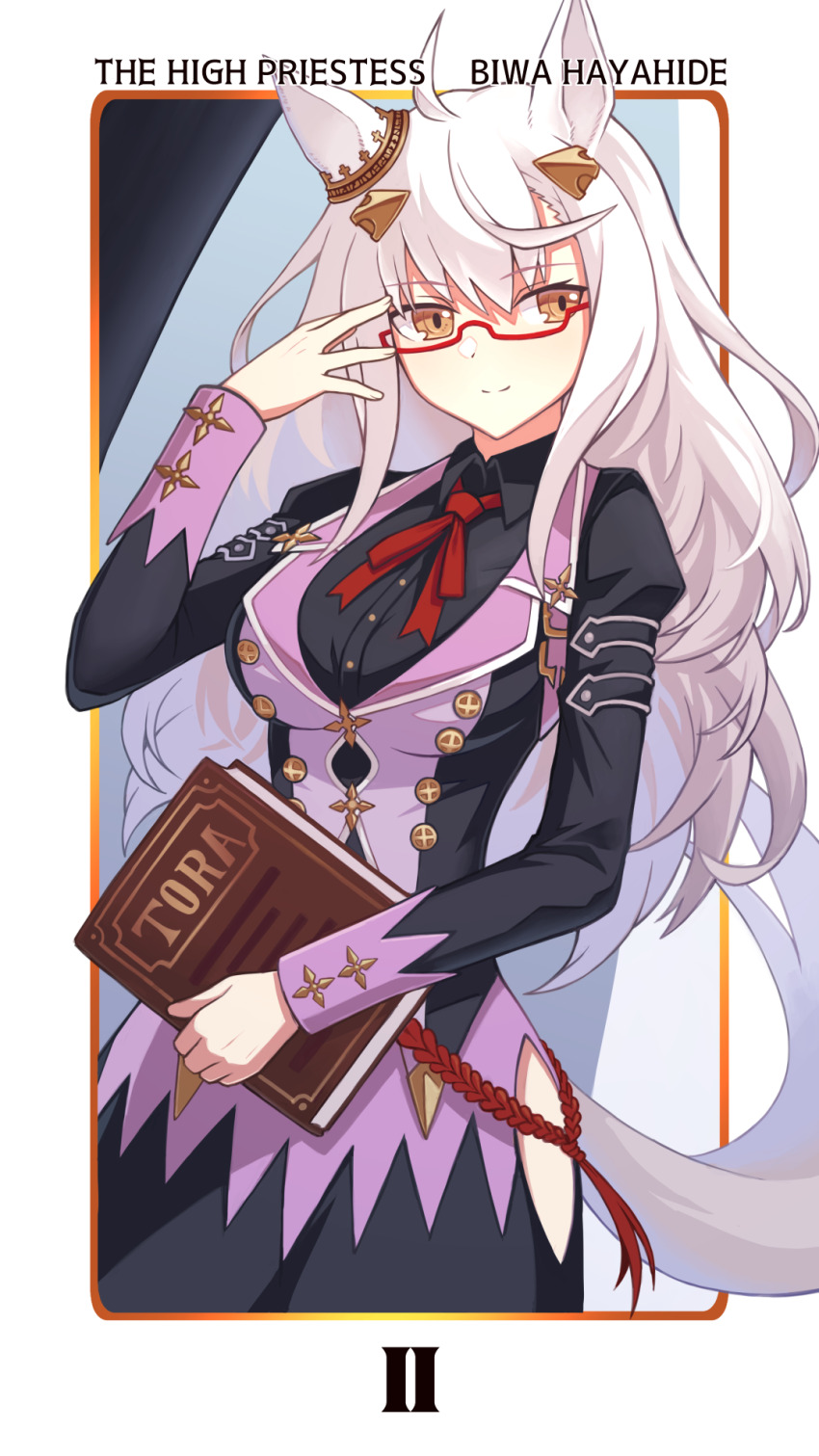 1girl ahoge biwa_hayahide_(umamusume) black_shirt book border brown_eyes eyelashes glasses hibun_tsukasa highres holding holding_book horse_girl long_hair long_sleeves looking_at_viewer red-framed_eyewear red_ribbon ribbon shirt smile solo tarot the_high_priestess_(tarot) umamusume white_border