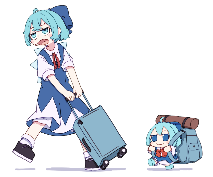 2girls absurdres ahoge backpack bag black_shoes bloomers blue_bow blue_dress blue_eyes blue_hair blue_shoes blush_stickers bow bowtie cirno closed_mouth collared_shirt commentary double-parted_bangs dress dual_persona fang fumo_(doll) hair_bow highres holding holding_bag ice ice_wings kame_(kamepan44231) multiple_girls open_mouth pinafore_dress red_bow red_bowtie shirt shoes short_hair short_sleeves simple_background skin_fang sleeveless sleeveless_dress smile socks suitcase sweatdrop touhou underwear walking white_background white_bloomers white_shirt white_socks wings