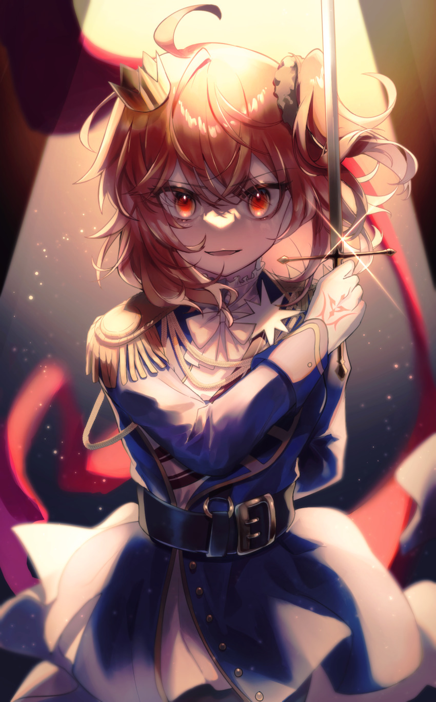 1girl ahoge aiguillette arm_behind_back backlighting belt belt_buckle black_belt blue_jacket blue_skirt buckle command_spell commentary_request crown epaulettes fate/grand_order fate_(series) fujimaru_ritsuka_(female) fujimaru_ritsuka_(female)_(halloween_royalty) highres holding holding_sword holding_weapon jacket looking_at_viewer mini_crown mipi official_alternate_costume open_mouth orange_eyes orange_hair rapier shirt short_hair side_ponytail sidelocks skirt smile solo sparkle sword upper_body weapon white_shirt