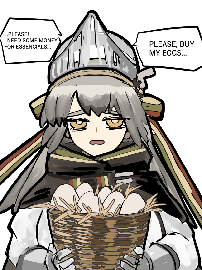 arknights basket egg english_text fartooth_(arknights) grey_hair highres open_mouth simple_background speech_bubble thiccborb upper_body white_background yellow_eyes