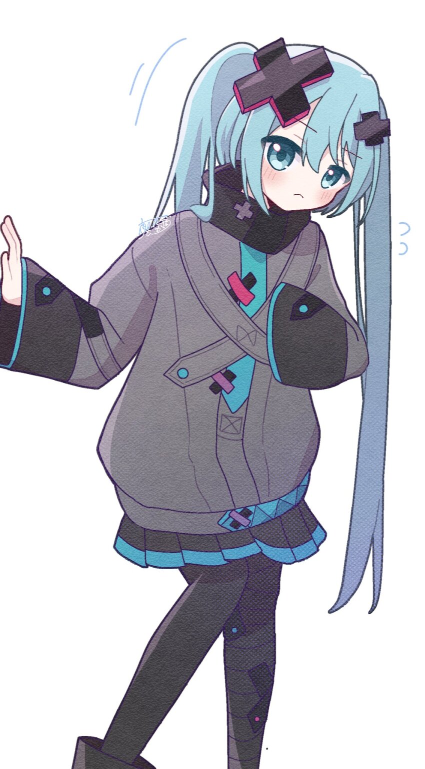 1girl aqua_eyes aqua_hair bandaid bandaid_on_leg batsu_miku black_pantyhose black_skirt blush breasts cleavage grey_jacket hair_between_eyes hair_ornament hatsune_miku highres jacket kowareta_sekai_to_utaenai_miku long_hair long_sleeves looking_at_viewer pantyhose pleated_skirt project_sekai simple_background skirt sleeves_past_wrists solo turtleneck turtleneck_jacket twintails very_long_hair white_background wide_sleeves x_hair_ornament yorukumo_kana
