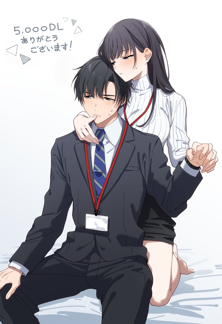 1boy 1girl black_hair blush commentary_request couple finger_to_another&#039;s_mouth formal_clothes grey_eyes hetero highres holding_hands interlocked_fingers kneeling kyapefuro lanyard long_hair looking_at_another milestone_celebration necktie office_lady original pencil_skirt purple_eyes sitting skirt suit sweater turtleneck turtleneck_sweater white_sweater