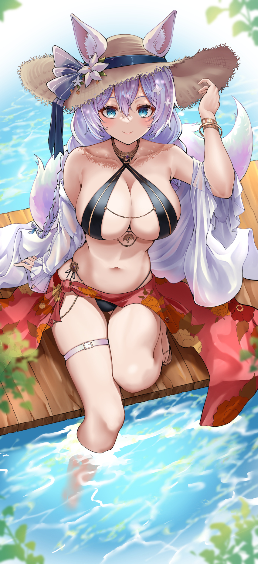 1girl absurdres animal_ear_fluff bare_shoulders bikini black_bikini blue_eyes blush breasts character_request cleavage closed_mouth copyright_request fox_girl fox_tail hair_between_eyes hat highres large_breasts lds_(dstwins97) long_hair looking_at_viewer navel purple_hair red_skirt see-through_clothes see-through_shirt shirt sidelocks skirt smile solo stomach straw_hat sun_hat swimsuit tail white_shirt