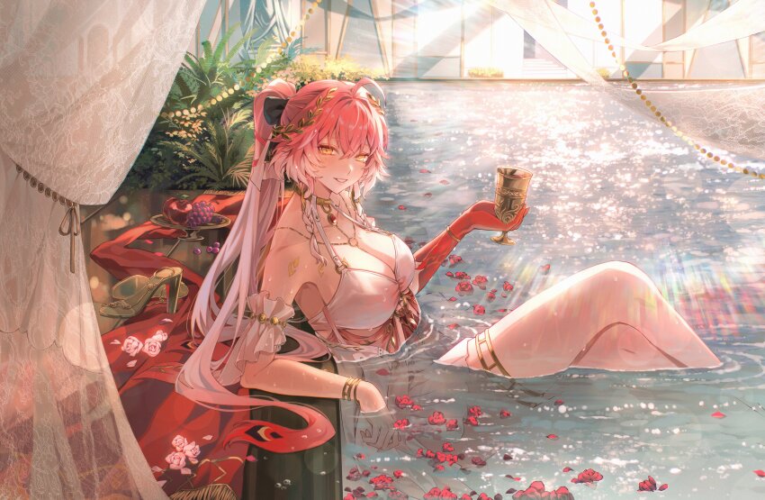1girl absurdres apple bare_shoulders black_bow body_markings bow breasts changli_(laurel_nymph)_(wuthering_waves) changli_(wuthering_waves) chinese_commentary colored_extremities commentary_request cup dress feather_hair food from_side fruit grapes hair_between_eyes hair_bow head_wreath highres holding holding_cup jewelry large_breasts long_hair looking_at_viewer multicolored_hair official_alternate_costume parted_lips partially_submerged pink_dress pink_hair ponytail red_hands sagi_(sagi_0116) shoes smile solo thighlet two-tone_hair unworn_shoes very_long_hair white_hair wuthering_waves yellow_eyes