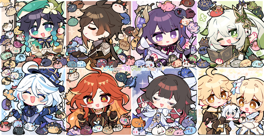 3boys 6+girls absurdres aether_(genshin_impact) ahoge alhaitham_(genshin_impact) amber_(genshin_impact) animal animalization antenna_hair arataki_itto arlecchino_(genshin_impact) ayaka_(genshin_impact) bird blonde_hair blue_hair blunt_bangs book bottle brown_gloves brown_hair candace_(genshin_impact) chibi chibi_only chinese_clothes chinese_commentary citlali_(genshin_impact) clorinde_(genshin_impact) closed_eyes closed_mouth collei_(genshin_impact) columbina_(genshin_impact) crop_top cyno_(genshin_impact) dehya_(genshin_impact) diluc_(genshin_impact) dori_(genshin_impact) dress eula_(genshin_impact) flins_(genshin_impact) flower flower_ornament freminet_(genshin_impact) from_side furina_(genshin_impact) ganyu_(genshin_impact) genshin_impact gloves gorou_(genshin_impact) gradient_hair green_eyes green_hair green_hat hair_between_eyes hair_ribbon happy happy_anniversary hat highres holding holding_book holding_spoon hu_tao_(genshin_impact) huge_ahoge ifa_(genshin_impact) japanese_clothes jean_(genshin_impact) kaedehara_kazuha kaeya_(genshin_impact) kamisato_ayato kaveh_(genshin_impact) keqing_(genshin_impact) kirara_(genshin_impact) klee_(genshin_impact) kujou_sara kuki_shinobu kyou_039 lauma_(genshin_impact) layla_(genshin_impact) light_smile lisa_(genshin_impact) long_hair looking_at_viewer looking_down lumine_(genshin_impact) lynette_(genshin_impact) lyney_(genshin_impact) mavuika_(genshin_impact) mika_(genshin_impact) mole mole_under_eye multicolored_hair multiple_boys multiple_girls nahida_(genshin_impact) navia_(genshin_impact) nefer_(genshin_impact) neuvillette_(genshin_impact) nilou_(genshin_impact) one_eye_closed open_book open_mouth orange_eyes ororon_(genshin_impact) paimon_(genshin_impact) person_and_animalization purple_eyes purple_hair qiqi_(genshin_impact) raiden_shogun red_eyes red_hair ribbon sangonomiya_kokomi sayu_(genshin_impact) scaramouche_(genshin_impact) seiza sethos_(genshin_impact) shikanoin_heizou short_hair sigewinne_(genshin_impact) sitting skirk_(genshin_impact) spoon standing streaked_hair table tartaglia_(genshin_impact) thoma_(genshin_impact) tighnari_(genshin_impact) too_many too_many_birds upper_body venti_(genshin_impact) wanderer_(genshin_impact) white_dress white_flower wriothesley_(genshin_impact) yae_miko yoimiya_(genshin_impact) yumemizuki_mizuki zhongli_(genshin_impact)