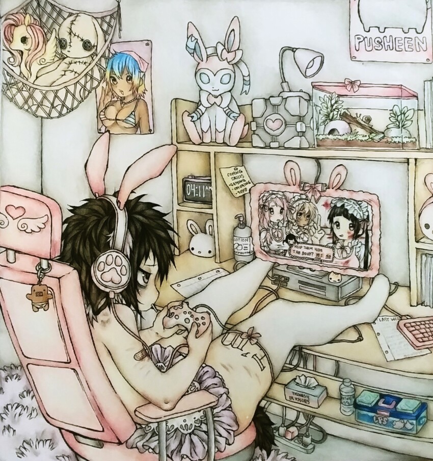 1boy bandaid bandaid_on_arm black_hair blood domo-kun fluttershy game_freak gen_6_pokemon headphones highres implied_murder leg_tattoo my_little_pony my_little_pony:_friendship_is_magic nhk_(broadcaster) nintendo on_chair original playing_games pokemon self-harm_scar skirt solo_focus squibizill sylveon tattoo terraria thighhighs tissue_box trap zemy_(squibizill)