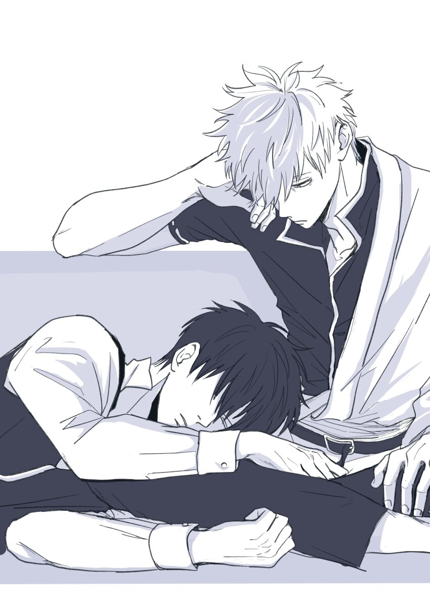 2boys absurdres asymmetrical_clothes belt belt_buckle buckle closed_eyes closed_mouth collarbone collared_shirt commentary_request elbow_rest ghqjyu gintama greyscale hadanugi_dousa hand_on_another&#039;s_leg head_rest highres hijikata_toushirou lap_pillow long_sleeves looking_at_another male_focus monochrome multiple_boys open_collar open_kimono popped_collar sakata_gintoki shirt short_hair sleeve_cuffs vest