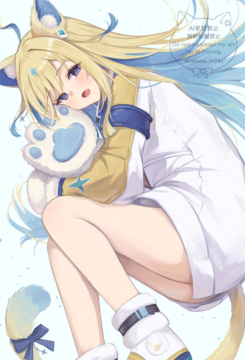1girl absurdres alternate_animal_ears animal_ears animal_hands blue_eyes blush boots cat_ears cat_tail fang gloves hair_ornament highres horse_girl jacket long_hair looking_at_viewer multicolored_hair neo_universe_(umamusume) open_mouth paw_gloves sakura_nekko solo tail thighs two-tone_hair umamusume watermark white_background