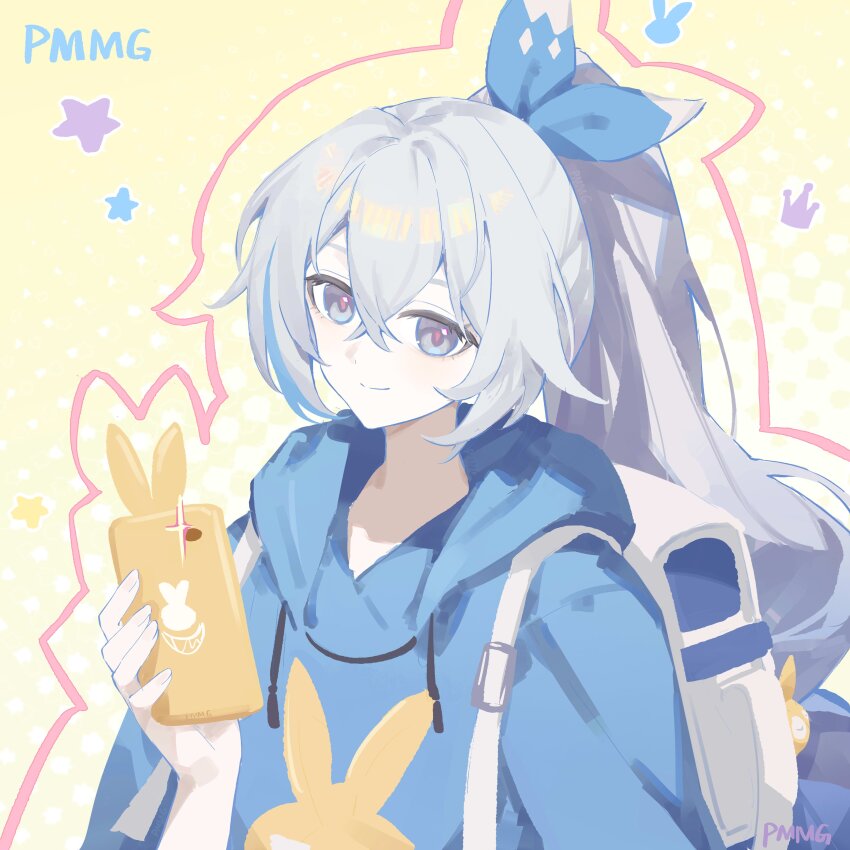 1girl absurdres alternate_costume artist_name backpack bag blue_eyes blue_shirt bronya_zaychik bronya_zaychik_(herrscher_of_truth) chinese_commentary closed_mouth commentary_request grey_hair hair_between_eyes high_ponytail highres holding holding_phone homu_(honkai_impact) honkai_(series) honkai_impact_3rd hooded_shirt long_hair looking_at_viewer phone pink_pupils pmg ponytail shirt smile solo star_(symbol) upper_body