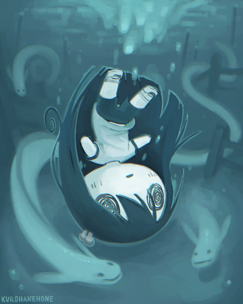 1girl @_@ absurdres artist_name asphyxiation black_hair bubble drowning eel fish food food-themed_hair_ornament food_on_head gym_uniform hair_ornament highres kurohanenone long_hair mushroom mushroom_hair_ornament mushroom_on_head object_on_head open_mouth school_uniform shimeji_simulation shirt shoes shorts sneakers solo tsukishima_shijima underwater upside-down white_shirt