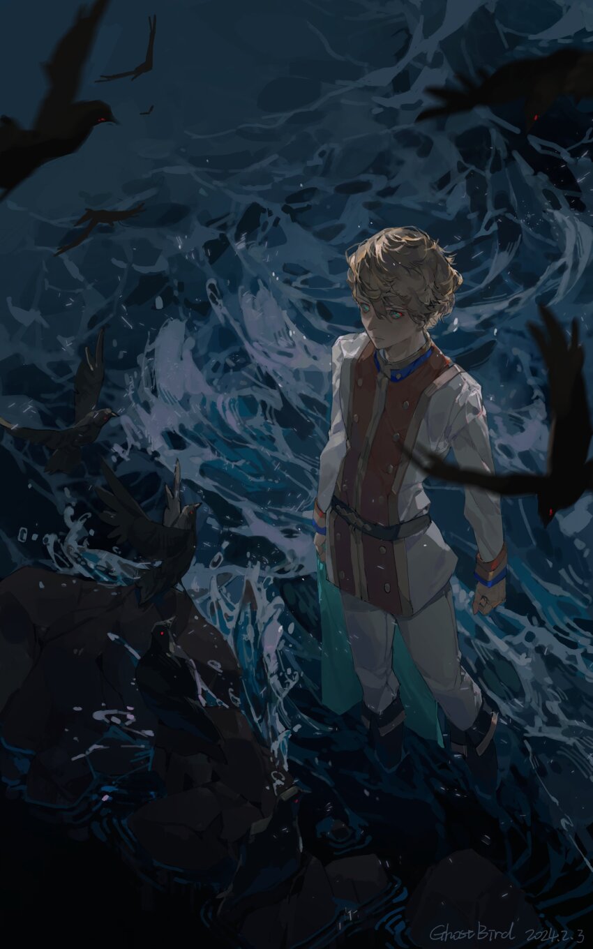 1boy 2024 absurdres aristocratic_clothes bird black_clover blue_eyes boots bright_pupils brown_hair crow dated flock from_above full_body highres langris_vaude long_sleeves looking_at_viewer looking_up male_focus pants red_eyes red_pupils short_hair solo splashing standing wading water white_pants xingji20108
