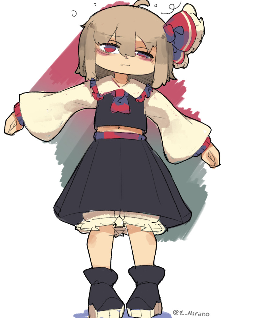 7-mirano ascot bags_under_eyes black_shoes black_skirt black_vest blonde_hair bloomers commentary english_commentary hair_ribbon half-closed_eyes highres looking_at_viewer midriff_peek navel outstretched_arms red_ascot red_eyes red_ribbon ribbon rumia shirt shoes short_hair skirt sleepy spread_arms t-pose touhou underwear vest white_shirt wide_sleeves