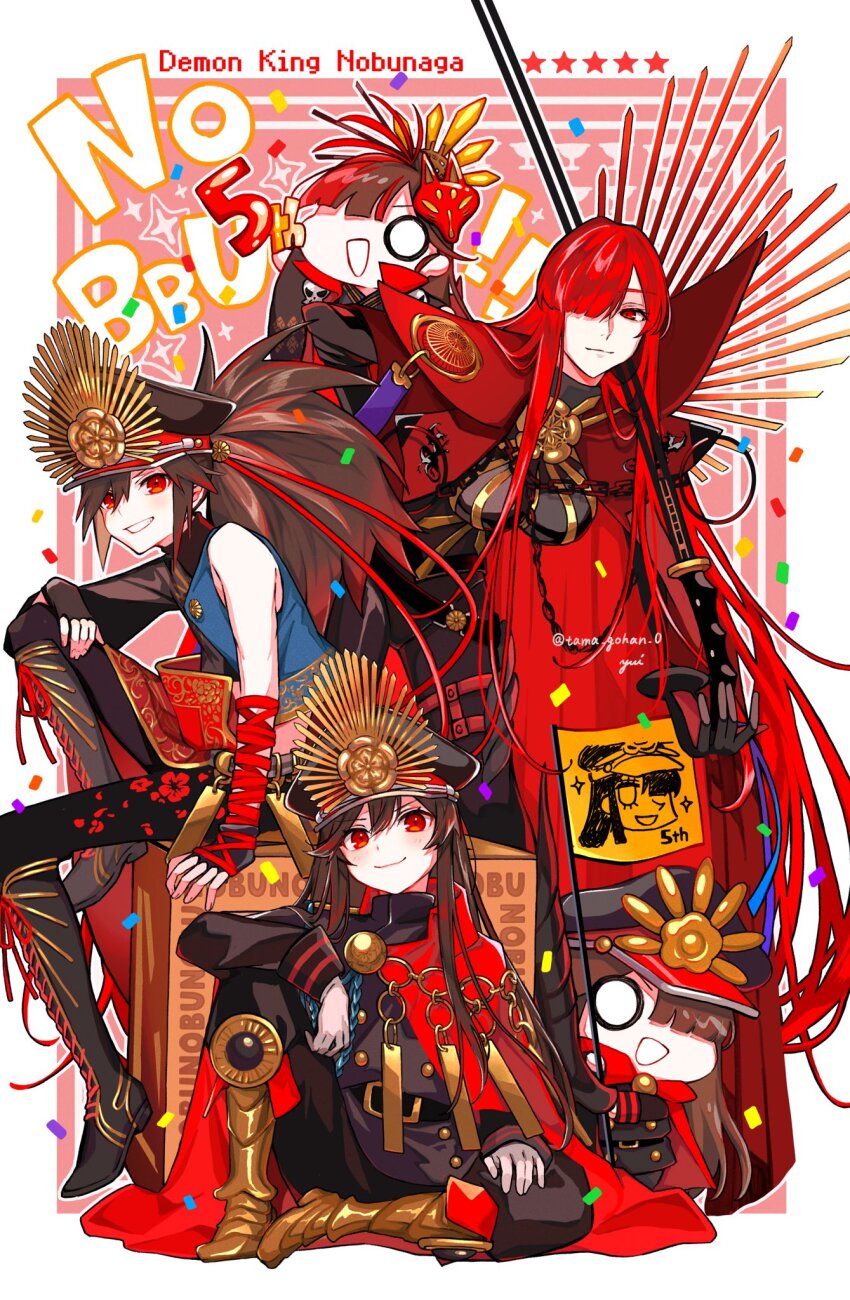 1boy 2girls asymmetrical_clothes black_bodysuit black_hair black_scarf bodysuit breasts cape chain chibi collared_cape crest family_crest fate/grand_order fate_(series) fiery_hair gloves hair_between_eyes hair_over_one_eye hat highres holding jacket keikenchi_(style) large_breasts long_hair long_sleeves looking_at_viewer medallion military_hat mini_nobu_(fate) multiple_girls multiple_persona oda_kippoushi_(fate) oda_nobunaga_(fate) oda_nobunaga_(koha-ace) oda_nobunaga_(maou_avenger)_(fate) oda_uri open_mouth pants peaked_cap popped_collar red_cape red_eyes red_hair scarf shako_cap shirt smile sword tight_top very_long_hair weapon yui_(tamagohan)
