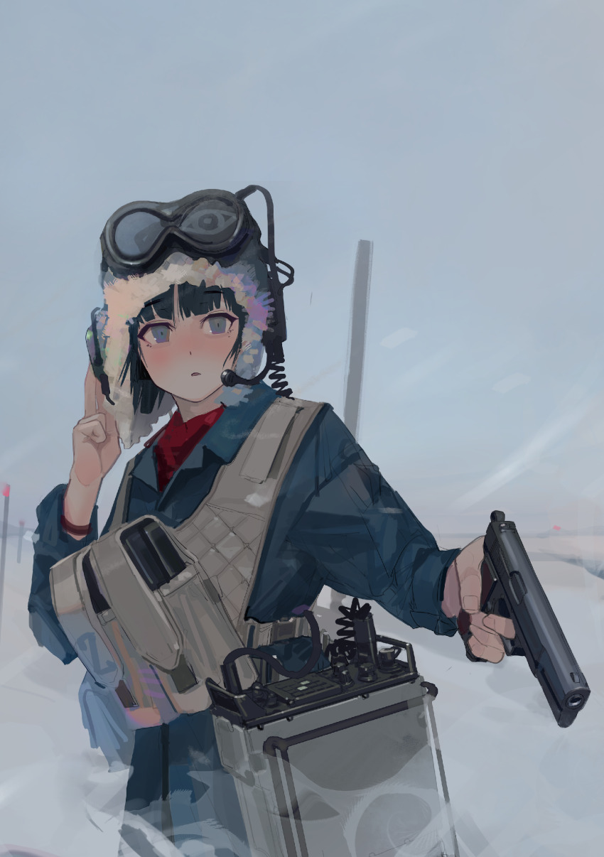 1girl absurdres blue_eyes blue_hair blunt_bangs blush bob_cut coat explosive eye_symbol fur_trim goggles grenade gun hand_on_headset hat headset highres holding holding_gun holding_weapon military military_coat military_uniform mole mole_under_eye original outdoors parted_lips polilla radio short_hair simple_background snow solo talking ushanka vest weapon wind wind_lift