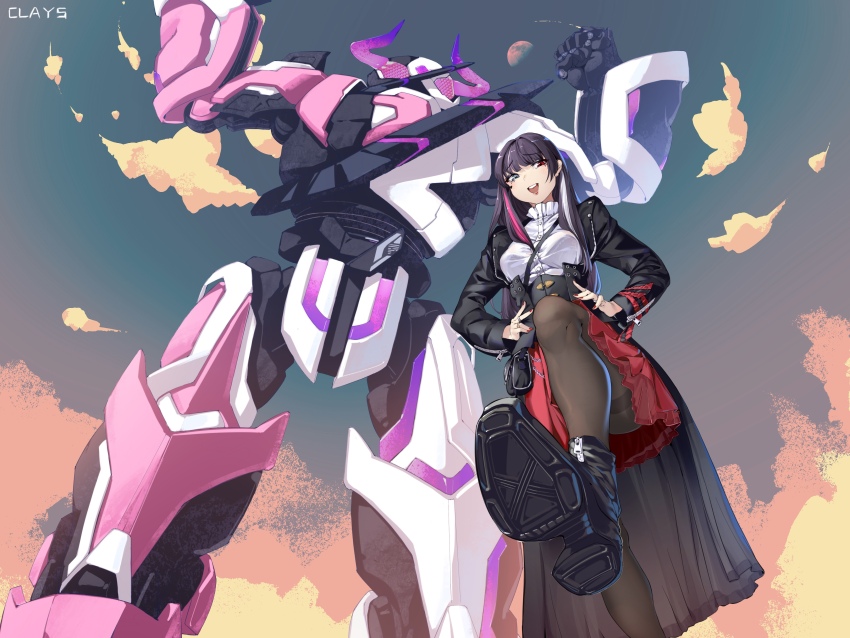 1girl absurdres animification artist_name beroba_(kamen_rider_geats) black_footwear black_jacket black_pantyhose blue_eyes boots breasts clays_(clayschan) clenched_hand cloud frilled_shirt frills grey_hair half-closed_eyes hands_on_own_hips heterochromia highres horns jacket kamen_rider kamen_rider_beroba kamen_rider_geats_(series) long_hair looking_down mecha medium_breasts moon multicolored_hair pantyhose pink_eyes pink_hair purple_eyes red_nails robot shirt sky smile smug streaked_hair underbust white_shirt
