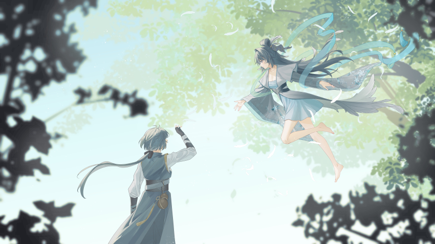 2girls absurdres alternate_costume bare_legs barefoot black_eyes black_gloves black_hair bow breasts chinese_clothes chinese_commentary cleavage closed_mouth clothing_request commentary_request feather_hair feet female_rover_(wuthering_waves) fingerless_gloves from_side gloves gourd hair_bow hand_up highres kohane_kun legs long_hair looking_at_another low_ponytail multicolored_hair multiple_girls ponytail reaching reaching_towards_another rover_(wuthering_waves) small_breasts smile streaked_hair toes wide_shot wuthering_waves yangyang_(wuthering_waves)