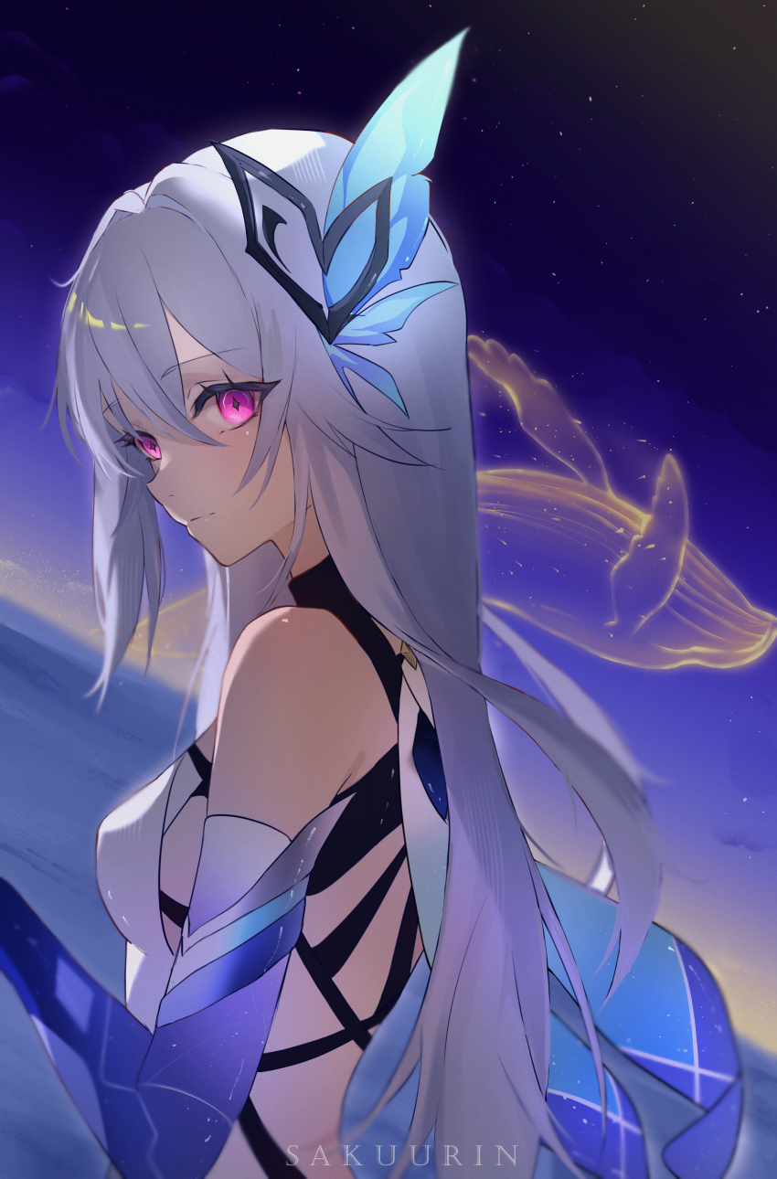 1girl absurdres all-devouring_narwhal_(genshin_impact) artist_name bare_shoulders breasts butterfly_hair_ornament closed_mouth commentary_request diamond-shaped_pupils diamond_(shape) elbow_gloves expressionless from_side genshin_impact gloves gradient_gloves grey_hair hair_between_eyes hair_ornament highres long_hair looking_at_viewer medium_breasts night night_sky pink_eyes sakuurin skirk_(genshin_impact) sky solo symbol-shaped_pupils upper_body very_long_hair whale