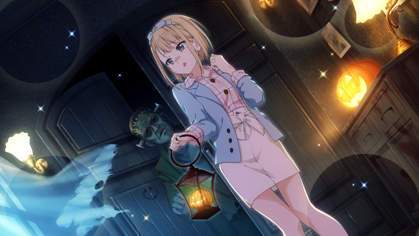 1girl 22/7 22/7_ongaku_no_jikan blonde_hair blue_hairband blue_jacket blue_ribbon collared_shirt cowboy_shot crying crying_with_eyes_open dutch_angle frankenstein game_cg ghost green_eyes hair_ribbon hairband highres holding_lamp indoors jack-o&#039;-lantern jacket lantern lens_flare non-web_source official_art open_clothes open_jacket open_mouth parted_lips pencil_skirt pink_shirt plaid_clothes plaid_shirt ribbon saito_nicole scared shirt skirt solo sparkle standing sweatdrop teardrop tears white_skirt wooden_door