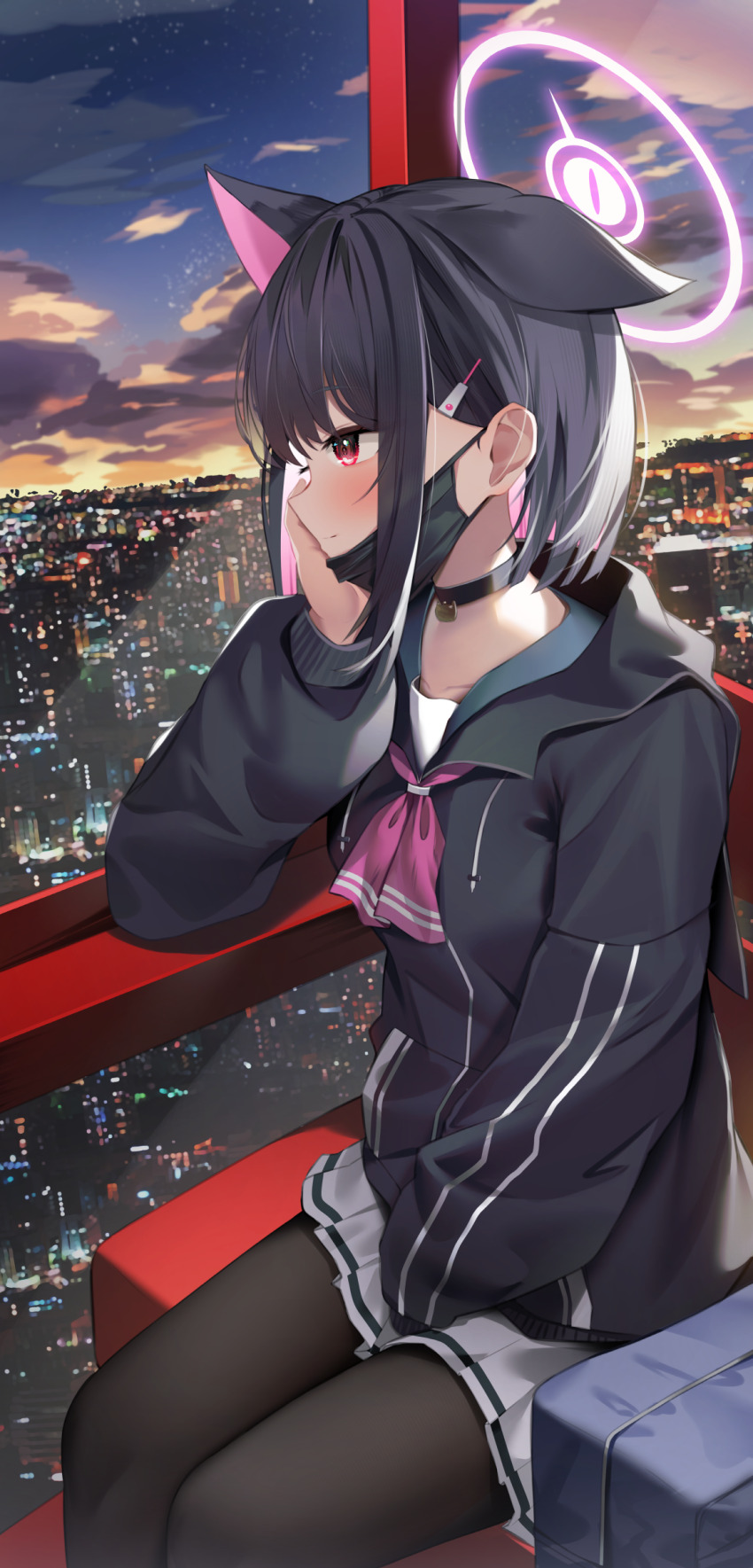 1girl absurdres animal_ears ascot black_hair black_jacket black_mask black_pantyhose blue_archive blush cat_choker cat_ears cat_girl cityscape closed_mouth colored_inner_animal_ears colored_inner_hair extra_ears halo highres jacket kazusa_(blue_archive) multicolored_hair night night_sky pantyhose pink_ascot pink_eyes pink_hair purple_halo short_hair shuvi_(shuvi1125) skirt sky smile solo two-tone_hair white_skirt