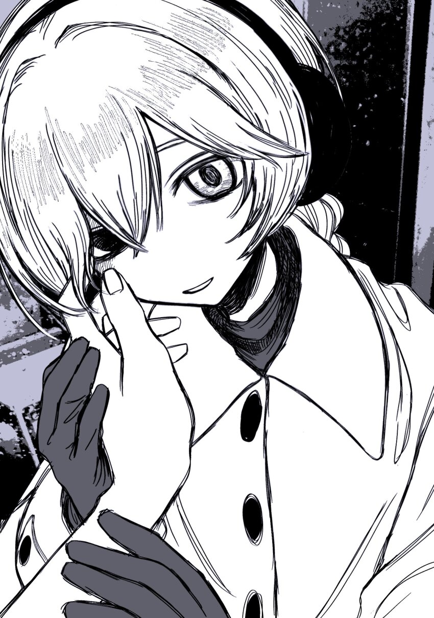 1girl 1other braid braided_ponytail buttons coat earmuffs gloves greyscale hand_grab hand_on_another&#039;s_cheek hand_on_another&#039;s_face heterochromia highres long_hair long_sleeves looking_at_viewer monochrome open_mouth pov pov_hands sekka_yufu shirt smile upper_body utau wada140 winter_clothes winter_coat