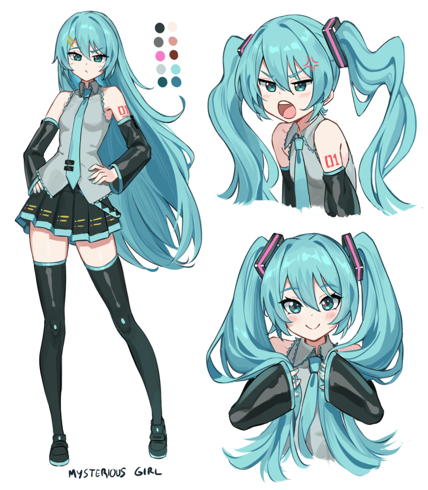1girl annoyed aqua_eyes aqua_hair aqua_nails bib_(bibboss39) black_skirt black_sleeves black_thighhighs closed_mouth color_guide commentary cropped_torso detached_sleeves english_commentary english_text full_body grey_necktie grey_shirt hair_down hatsune_miku hatsune_miku_(if) highres jitome long_hair looking_at_viewer meme multiple_views necktie pleated_skirt shirt simple_background skirt sleeveless sleeveless_shirt thighhighs twintails upper_body very_long_hair vocaloid wavy_hair white_background