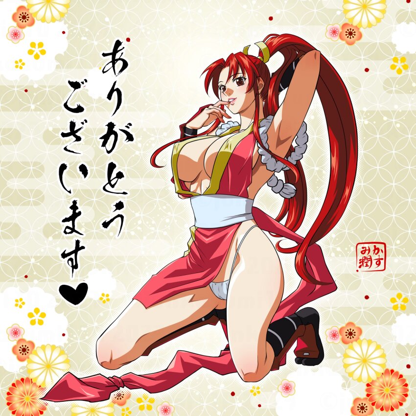 1girl absurdres arm_guards bare_shoulders blush breasts brown_eyes brown_hair cleavage fatal_fury folding_fan hand_fan high_ponytail highres japanese_clothes kasumi_jun kneeling large_breasts long_hair looking_at_viewer ninja no_bra oobari_masami_(style) pelvic_curtain ponytail revealing_clothes rope shiranui_mai sideboob smile snk solo the_king_of_fighters thighs