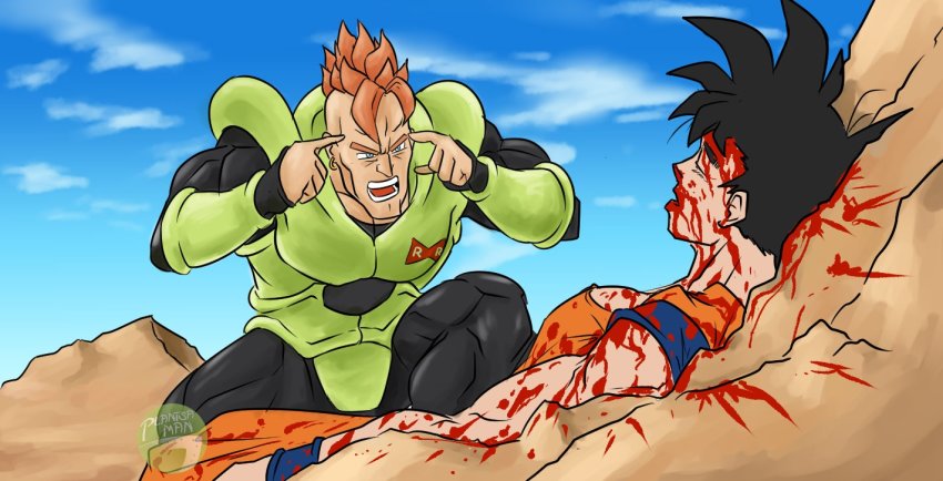 android_16 armor artist_name black_hair blood blood_on_clothes blood_on_face blood_on_ground blood_splatter blue_eyes blue_shirt bodysuit closed_eyes cloud cloudy_sky commentary dougi dragon_ball dragon_ball_fighterz dragonball_z earrings english_commentary green_armor injury invincible_(series) jewelry lying meme mohawk muscular muscular_male on_back on_ground open_mouth orange_hair orange_pants orange_shirt pants parody plantsa_man red_ribbon_army shirt sky son_goku spiked_hair stone think_mark_think!_(meme) watermark wristband