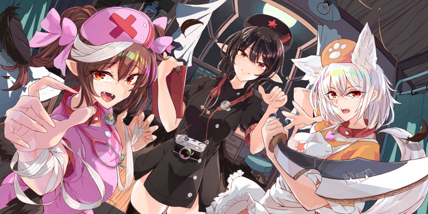 3girls alternate_costume alternate_headwear animal_ears apron bandages bird_wings black_feathers black_hair black_hat black_thighhighs black_wings breasts brown_hair brown_wings camera camera_around_neck cardboard_sword closed_mouth commentary cosplay english_commentary falling_feathers fangs feathers full_moon game_cg hat heart highres himekaidou_hatate himekaidou_hatate_(death_sign_nurse) holding holding_sword holding_weapon indoors inubashiri_momiji inubashiri_momiji_(death_watch_nurse) kagami_toufu leaf_print looking_at_viewer maple_leaf_print moon multiple_girls nurse nurse_cap official_art open_mouth open_window orange_hat paw_print pink_hat pointy_ears puffy_short_sleeves puffy_sleeves red_eyes shameimaru_aya shameimaru_aya_(death_bringer_nurse) short_sleeves smile stethoscope sword tail thighhighs thighs third-party_source touhou touhou_lostword weapon white_apron white_hair window wings wolf_ears wolf_girl wolf_tail