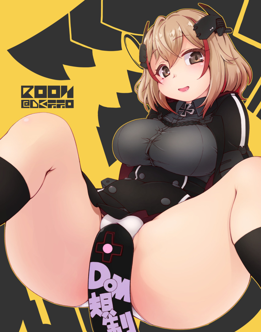 1girl :d azur_lane black_jacket black_skirt black_socks blonde_hair breasts brown_eyes buttons collared_shirt cropped_jacket cross deto female_focus grey_shirt hair_between_eyes headgear highres iron_cross jacket large_breasts miniskirt multicolored_hair open_clothes open_jacket open_mouth outline panties red_hair roon_(azur_lane) sexually_suggestive shirt skirt smile socks solo spread_legs streaked_hair thighs two-tone_hair underbust underwear white_panties