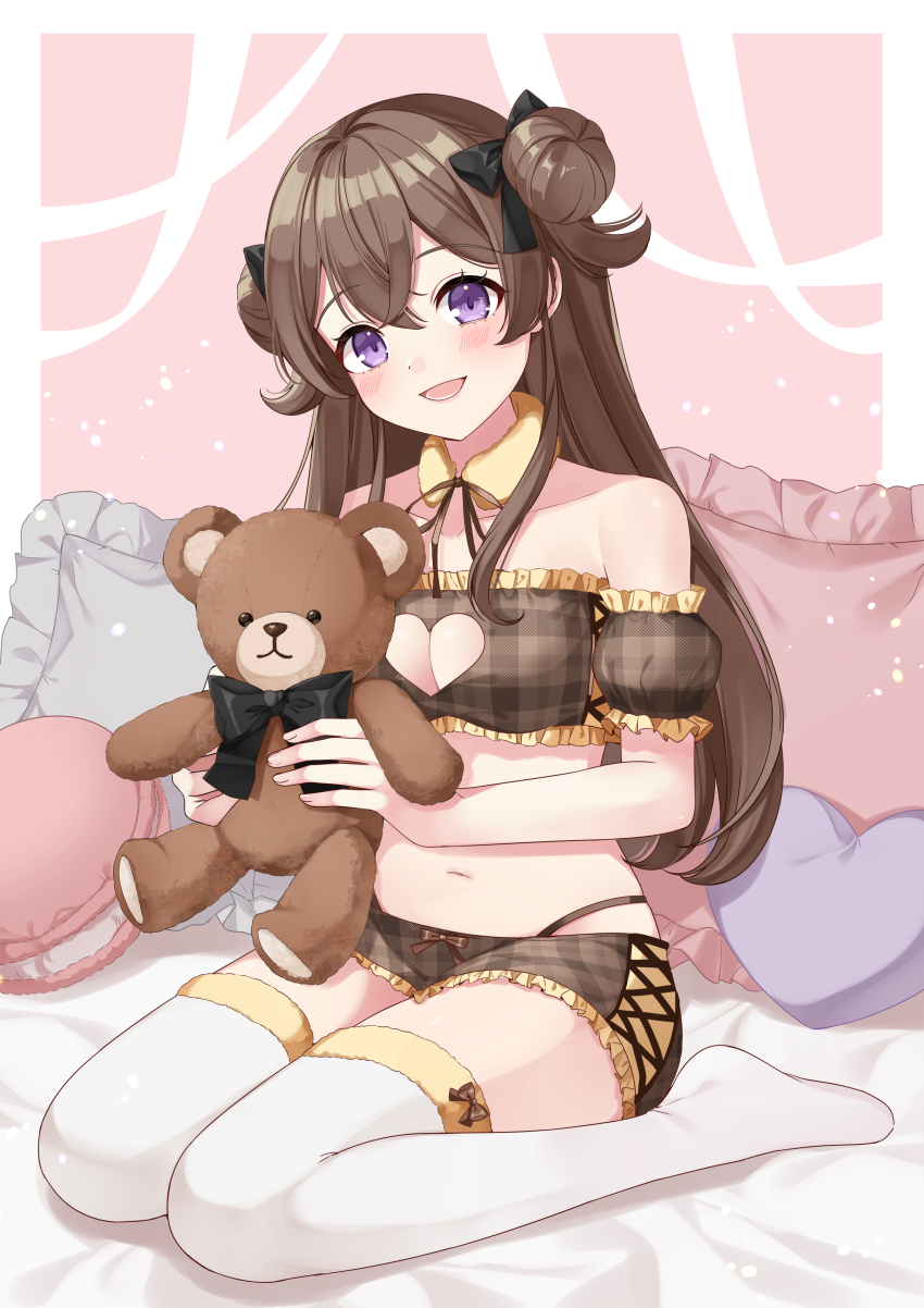 1girl :d absurdres black_ribbon blush bra brown_bra brown_hair brown_panties brown_ribbon brown_shorts clothing_cutout commentary_request detached_collar double_bun frilled_bra frilled_pillow frills hair_between_eyes hair_bun hair_ribbon heart heart_cutout highleg highleg_panties highres holding_teddy_bear kneeling kuroyuki_0713 lingerie long_hair looking_at_viewer neck_ribbon open_mouth original panties pillow purple_eyes ribbon shorts side_up_bun smile solo thighhighs underwear white_thighhighs yellow_collar