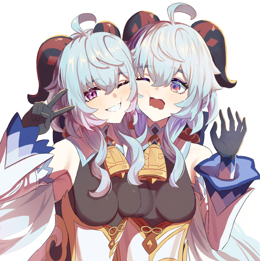 2girls ahoge bare_shoulders bell black_gloves blue_hair bodystocking breasts cheek-to-cheek company_name cosplay cowbell detached_sleeves ganyu_(genshin_impact) ganyu_(genshin_impact)_(cosplay) genshin_impact gloves goat_horns grin heads_together highres honkai:_star_rail honkai_(series) horns looking_at_viewer medium_breasts multiple_girls neck_bell niadn_nb one_eye_closed open_mouth pink_eyes purple_eyes simple_background smile sparkle_(honkai:_star_rail) ueda_reina upper_body v voice_actor_connection wavy_hair wavy_mouth white_background
