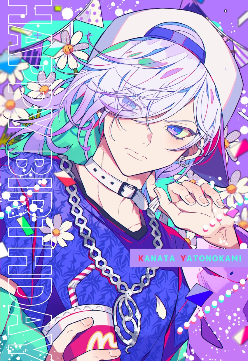 1boy absurdres aqua_hair backwards_hat baseball_cap chain chain_necklace choker daisy_(flower) flower gennkai_para happy_birthday hat highres jewelry male_focus medium_hair multicolored_hair necklace paradox_live phantometal_(paradox_live) purple_background purple_eyes purple_hair purple_shirt shirt solo white_choker white_flower yatonokami_kanata