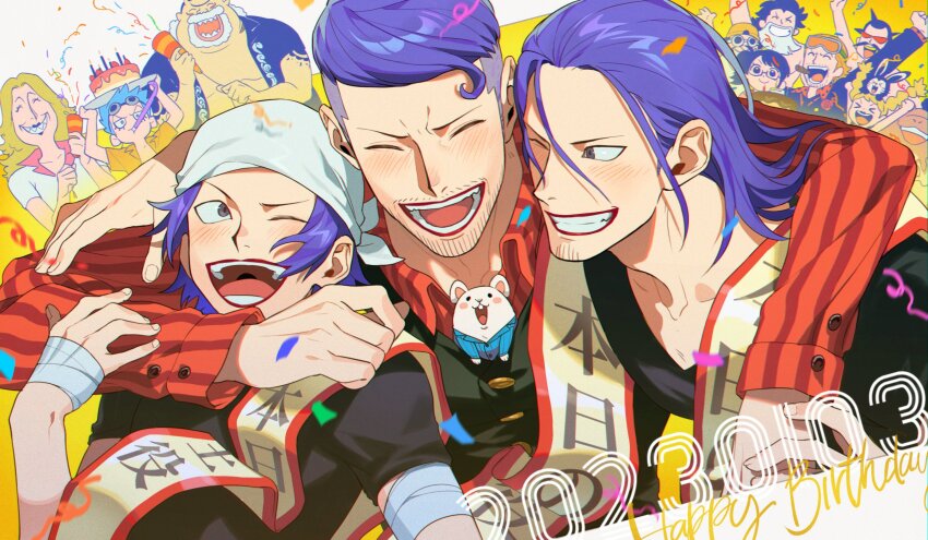 &gt;_&lt; 3girls 6+boys ^_^ alice_(one_piece) animal animal_on_head arm_around_shoulder arm_tattoo arms_up bandaged_arm bandages bandana beard birthday_cake black_hair black_shirt black_vest blonde_hair blue_eyes blue_hair blue_shirt blush buttons cake chimney_(one_piece) cigar closed_eyes closed_mouth collarbone collared_shirt commentary confetti dated dress_shirt facial_hair food franky_(one_piece) glasses goggles goggles_on_head gonbe gonbe_(one_piece) grin hair_slicked_back hand_up happy happy_birthday highres holding holding_tray iceburg kokoro_(one_piece) long_hair looking_at_another male_focus medium_hair mouse_(animal) multiple_boys multiple_girls multiple_persona on_head one_eye_closed one_piece open_clothes open_mouth open_shirt party_horn party_popper paulie_(one_piece) peeply_lulu pinstripe_pattern pinstripe_shirt qin_(7833198) rabbit red_shirt sharp_teeth shirt short_hair short_sleeves side_ponytail smile streamers striped_clothes striped_shirt sunglasses symbol-only_commentary tattoo teeth tilestone_(one_piece) time_paradox tom_(one_piece) tongue tray two-tone_background tyrannosaurus_(one_piece) undercut upper_body vest white_background white_bandana white_hair white_shirt wing_collar yellow_background yokozuna_(one_piece) zambai