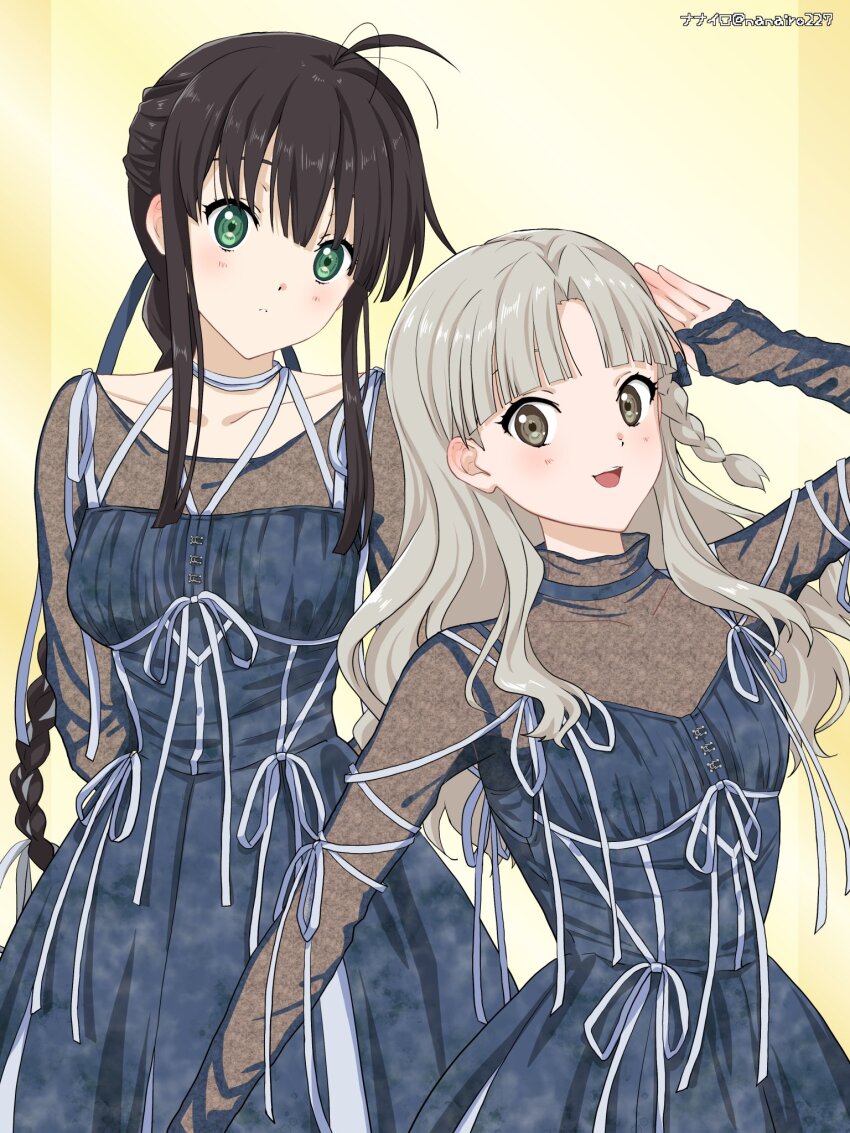 22/7 2girls :d antenna_hair arms_behind_back ato_de_wakaru_koto black_hair blue_dress blush braid braided_ponytail collarbone dress green_eyes grey_eyes grey_hair highres long_hair long_sleeves multiple_girls nagamine_kaede nanairo_(nanairo227) open_mouth ribbon see-through_clothes see-through_dress single_braid smile white_ribbon yagami_toa yellow_background