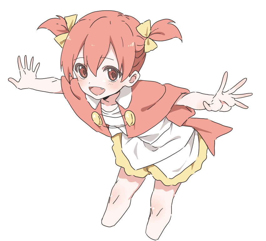 1girl absurdres arc_the_lad bow choko_(arc_the_lad) commentary_request dress fujiwara_tatsuroo hair_ribbon happy highres looking_at_viewer open_mouth red_hair ribbon shawl short_hair short_twintails simple_background skirt smile solo twintails white_background yellow_bow