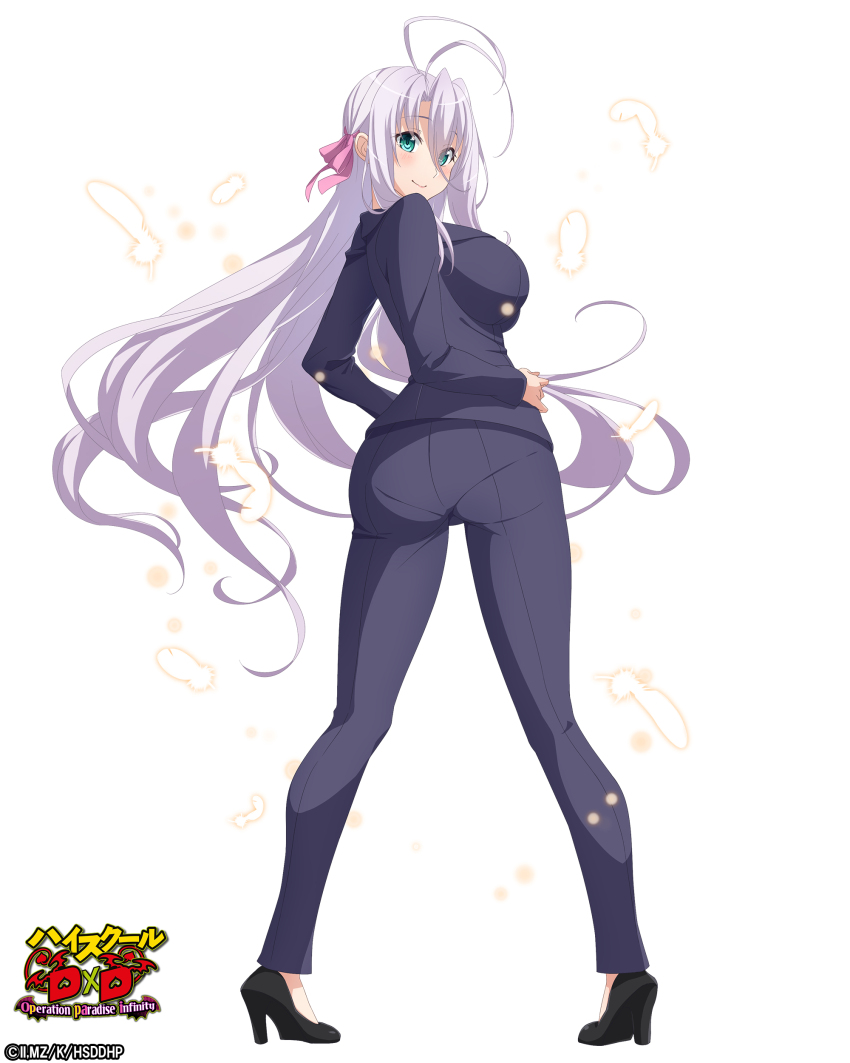 1girl absurdres antenna_hair aqua_eyes ass black_shoes blue_pants blue_suit blush breasts closed_mouth copyright_name feathers formal_clothes from_behind hair_ribbon high_heels high_school_dxd high_school_dxd_operation_paradise_infinity highres large_breasts legs_apart long_hair long_sleeves looking_at_viewer looking_back official_art pants pantylines pink_ribbon ribbon rossweisse shoes solo standing suit very_long_hair
