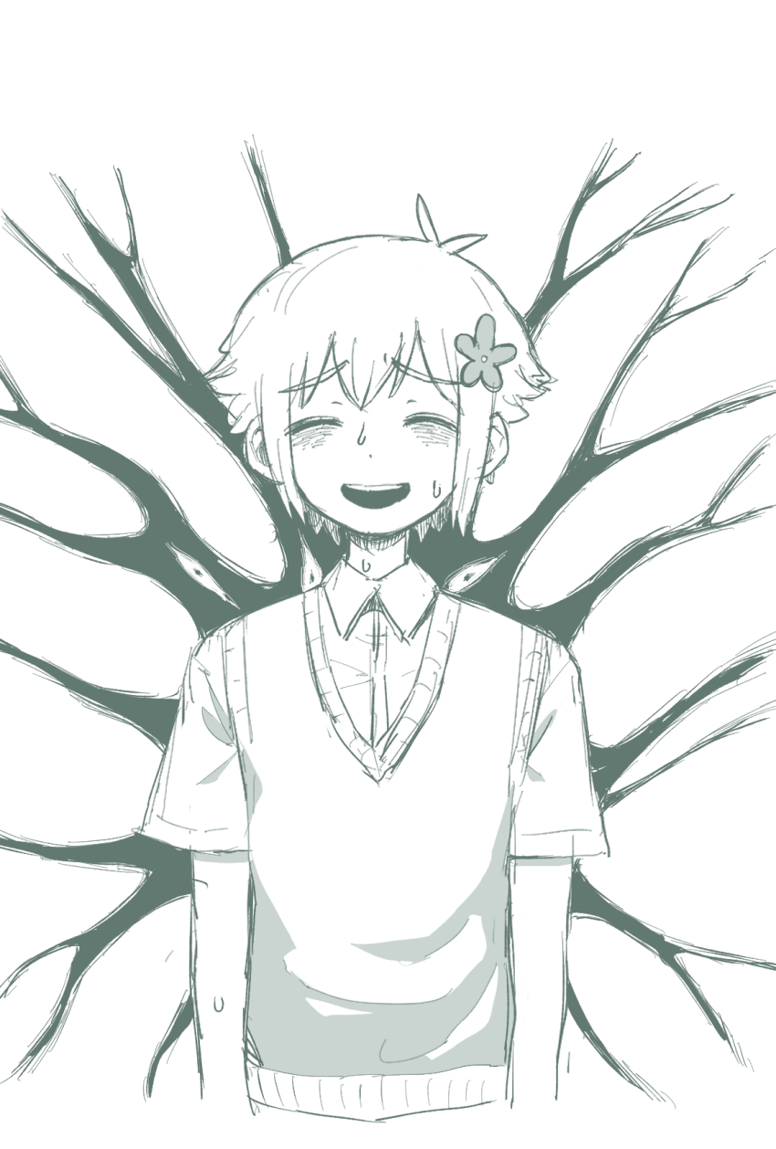 1boy basil_(faraway)_(omori) basil_(omori) closed_eyes collared_shirt flower greyscale hair_flower hair_ornament highres male_focus miranosub monochrome nervous_smile nervous_sweating omori shirt short_hair short_sleeves smile solo spoilers sweat sweater_vest teeth upper_body upper_teeth_only