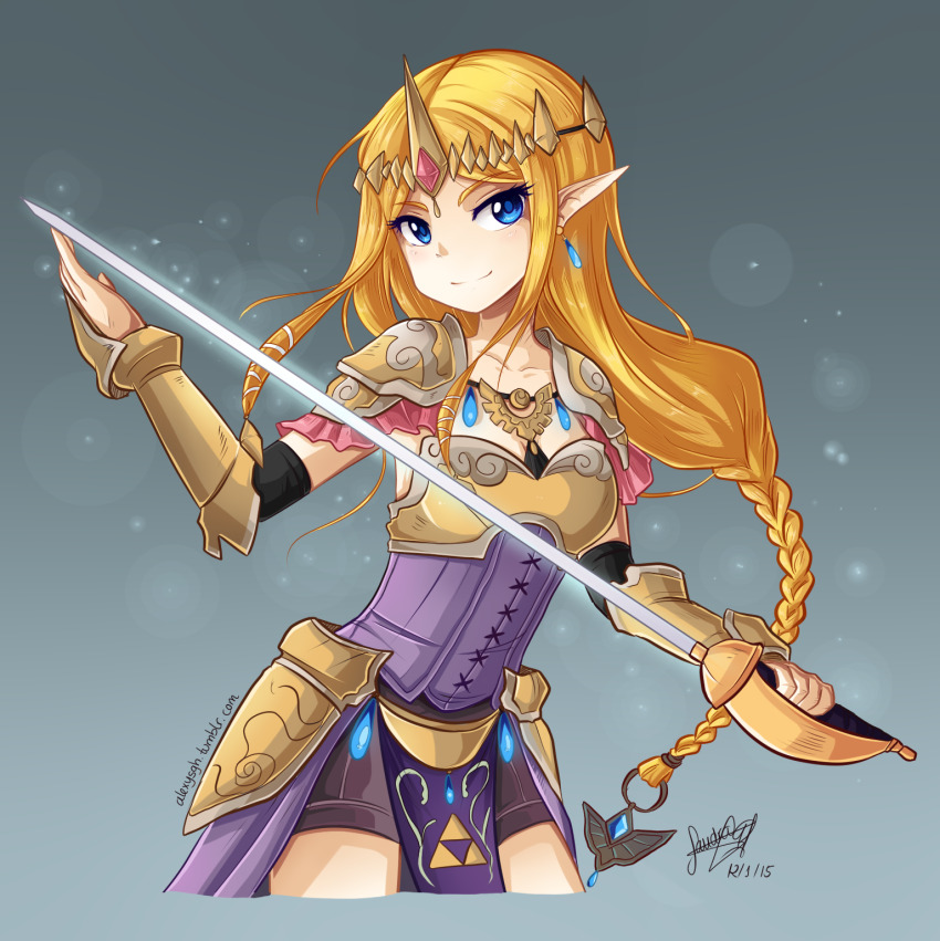 1girl armor bike_shorts black_shorts blonde_hair blue_eyes braid breastplate collarbone commentary dated dress earrings english_commentary gauntlets gem highres holding holding_sword holding_weapon hyrule_warriors jewelry long_hair looking_at_viewer nintendo pelvic_curtain pointy_ears princess_zelda purple_dress sandragh shorts shoulder_pads signature smile solo standing sword the_legend_of_zelda tiara vambraces watermark weapon web_address