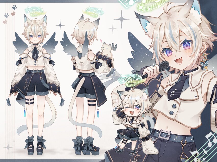 amatsuka_seu animal_ears ankle_strap_shoes belt blush bow cat_boy cat_ears chibi crop_top earrings fang from_behind halo high_waist highres indie_virtual_youtuber jewelry microphone mini_wings multiple_views music musical_note namiki_itsuki off_shoulder_sleeves open_mouth platform_shoes purple_eyes reference_sheet ribbon short_hair shorts singing solo star_pattern tail tassel thigh_strap white_hair wings