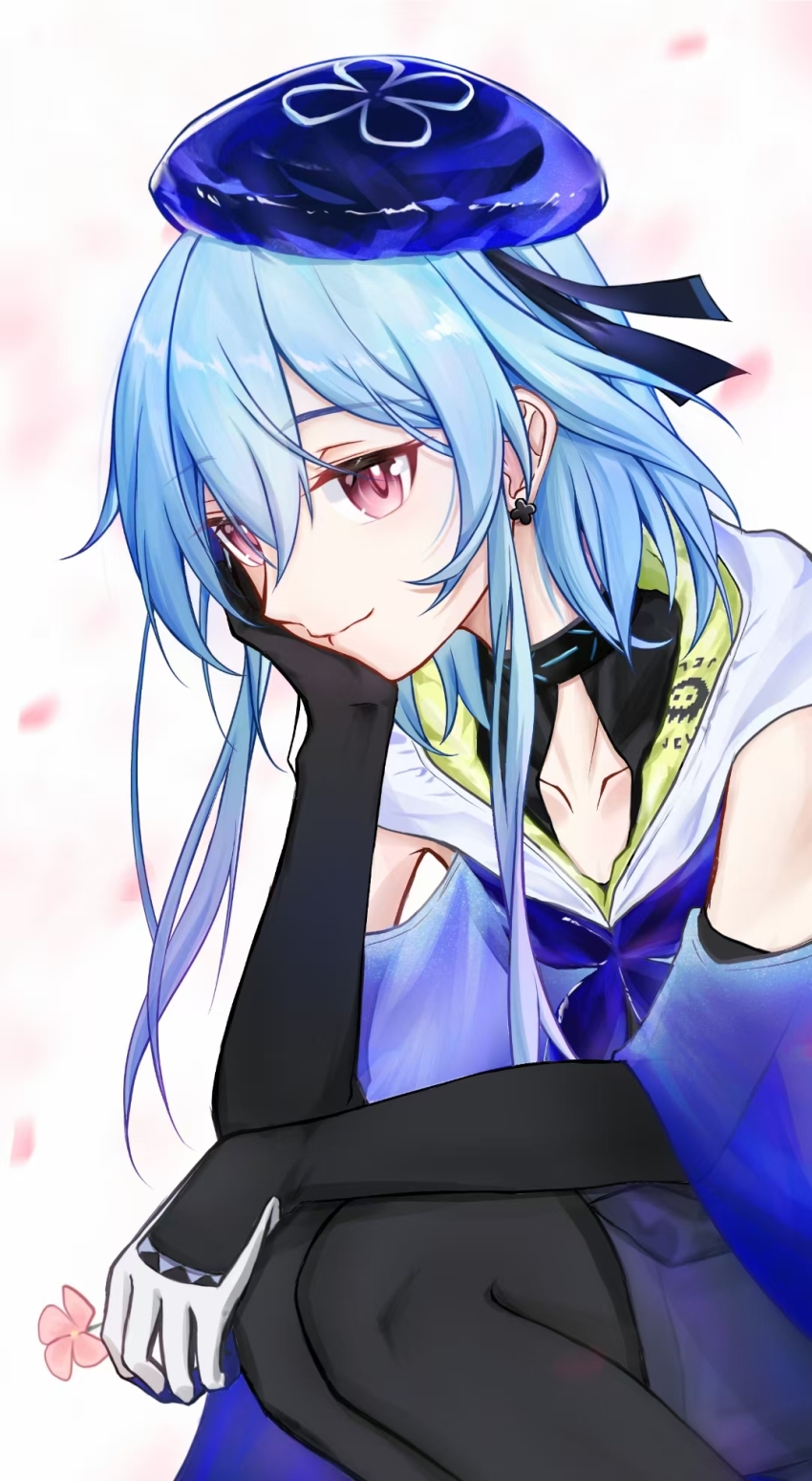 1boy arknights bare_shoulders beret black_gloves black_pantyhose blue_hair chinese_commentary chushi_right closed_mouth collarbone commentary_request earrings elbow_gloves gloves gradient_hair grey_gloves hair_between_eyes hand_on_own_cheek hand_on_own_face hat head_rest highres infection_monitor_(arknights) jewelry looking_at_viewer male_focus mizuki_(arknights) multicolored_hair pantyhose partial_commentary pink_eyes purple_hair purple_hat short_hair_with_long_locks smile solo