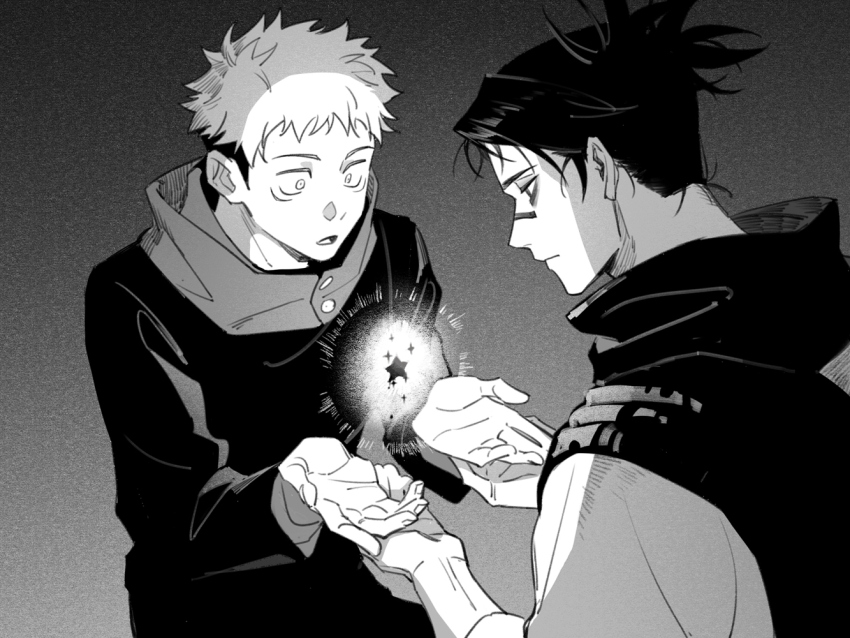 2boys choso_(jujutsu_kaisen) closed_mouth coat facial_mark greyscale itadori_yuuji jujutsu_kaisen jujutsu_tech_uniform long_sleeves looking_down male_focus monochrome multicolored_hair multiple_boys popped_collar short_hair sideburns star_(symbol) two-tone_hair upper_body wide-eyed yi_(826805607)