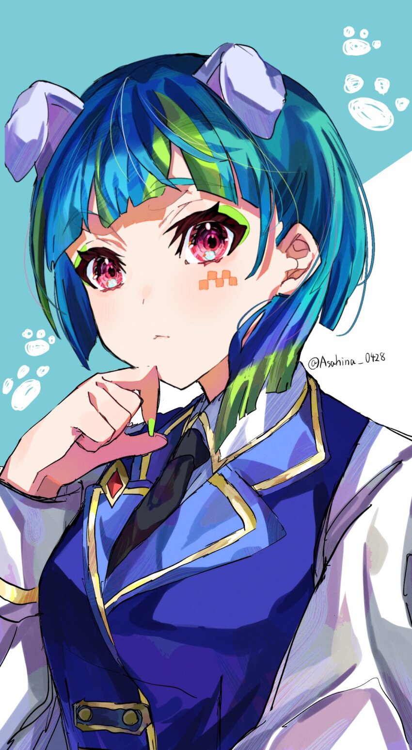 1girl animal_ears asahina_(asahina_0428) black_necktie blue_hair blue_vest blunt_bangs closed_mouth collared_shirt commentary_request dog_ears eyeshadow facial_mark green_eyeshadow green_hair hand_up highres long_sleeves looking_at_viewer makeup mika_pikazo_(style) multicolored_hair necktie omega_auru omega_auru_(primagista) pink_eyes pretty_series shirt short_hair solo streaked_hair twitter_username upper_body vest waccha_primagi! white_shirt