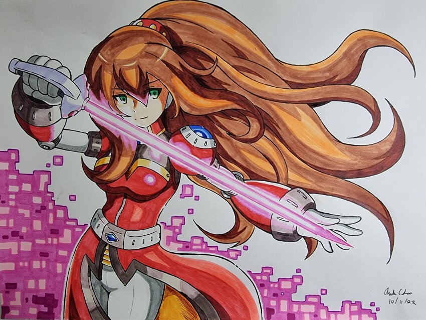 1girl android armor breasts closed_mouth dated energy_sword green_eyes high-waist_pantyhose high_collar high_ponytail highres holding holding_sword holding_weapon innovator123 iris_(mega_man) iris_-another-_(mega_man) joints long_hair looking_at_viewer marker_(medium) medium_breasts mega_man_(series) mega_man_x_(series) mega_man_x_dive pantyhose ponytail rapier red_armor robot robot_ears robot_girl robot_joints shoulder_jewel signature simple_background sword traditional_media very_long_hair weapon