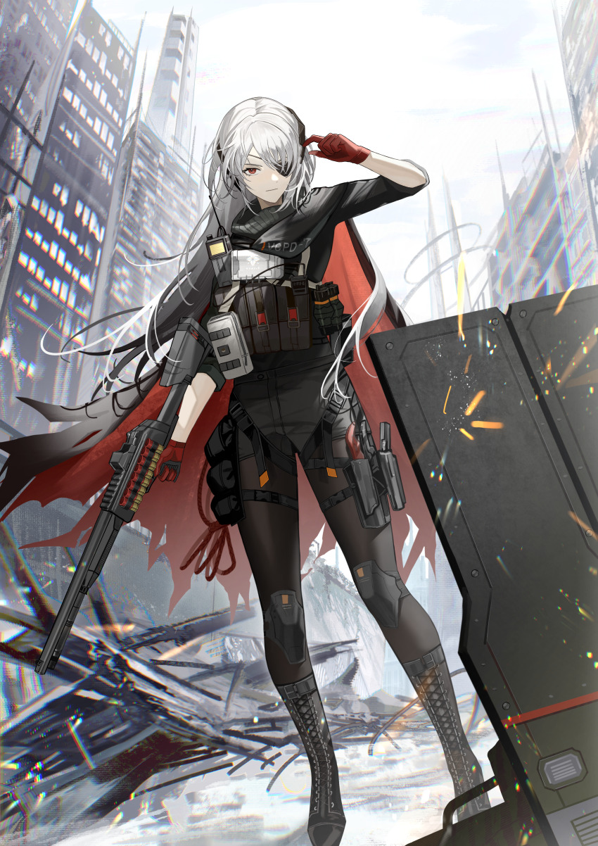 12-gauge 1girl absurdres ammunition ballistic_shield benelli_m4_super_90 black_cape black_pants black_shirt cape day evelyn_(neural_cloud) eyepatch full_body girls&#039;_frontline girls&#039;_frontline_neural_cloud gloves grey_hair grey_sky gun handgun highres holding holding_gun holding_weapon holster long_hair long_sleeves m1014 one_eye_covered outdoors pants pistol red_eyes red_gloves semi-automatic_shotgun shield shirt shotgun shotgun_shell shotgun_speedloader sky solo standing thigh_holster tooka_(10_t00) two-sided_cape two-sided_fabric weapon
