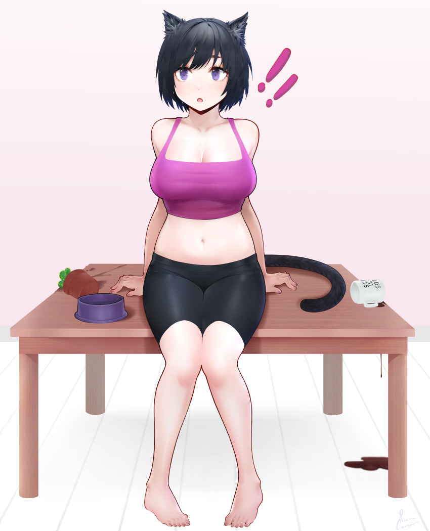 ! !! 1girl absurdres animal_ear_fluff animal_ears bare_shoulders barefoot bike_shorts black_shorts blush breasts cactus cat_ears cat_girl cat_tail cleavage collarbone commentary cup english_commentary full_body hanekawa_tsubasa highres knees_together_feet_apart large_breasts legs looking_at_viewer medium_hair midriff monogatari_(series) mug navel open_mouth piancaesar pink_background plant potted_plant purple_eyes purple_tank_top short_hair shorts signature sitting sitting_on_table solo spill tail tank_top thighs toenails toes