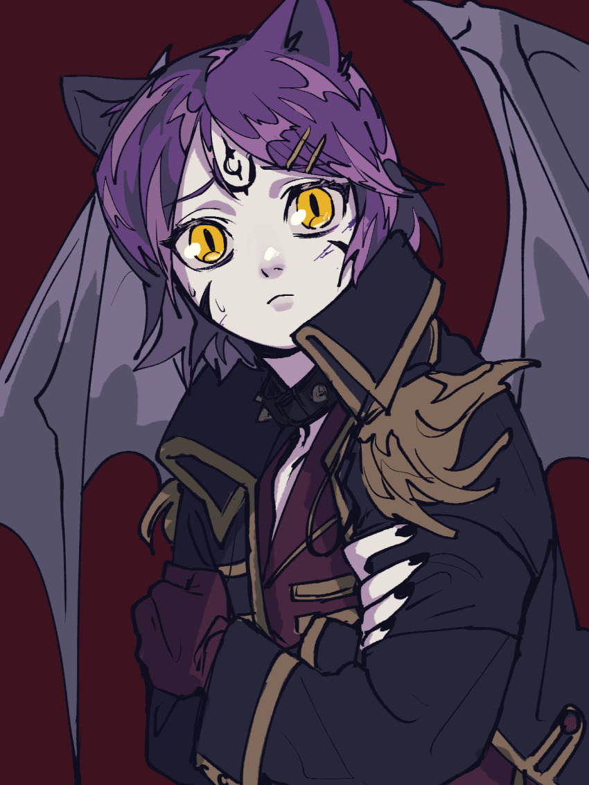1girl animal_ears black_coat black_nails cat_ears cat_girl closed_mouth coat demon_wings eyelashes facial_mark forehead_mark hair_ornament hairclip highres maplestory original parallel_hairclips purple_hair qjqjqjql short_hair slit_pupils solo upper_body wings yellow_eyes
